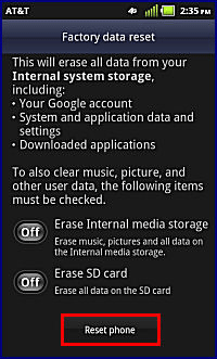 Factory Data Reset, Confirm Reset